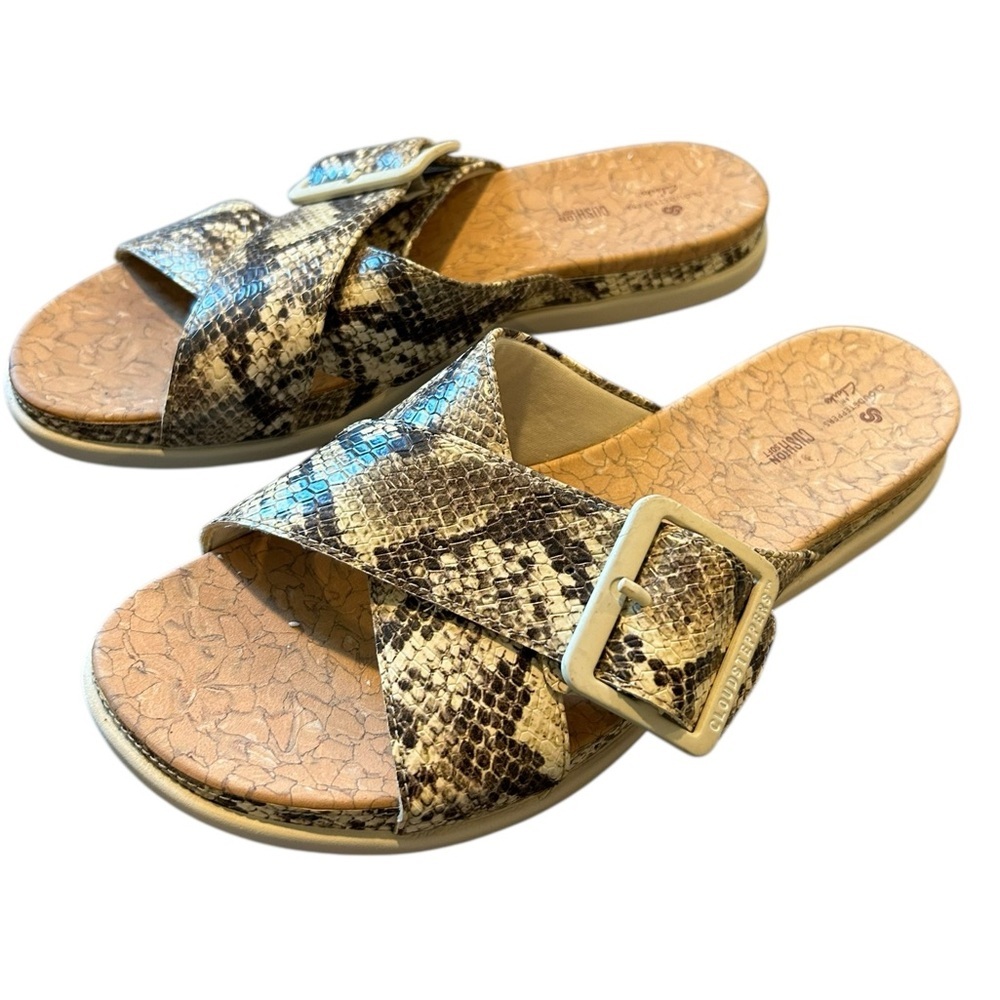 Clarks Couldsteppers Step Juneshell Taupe Snake Slides Sandals Size 9.5